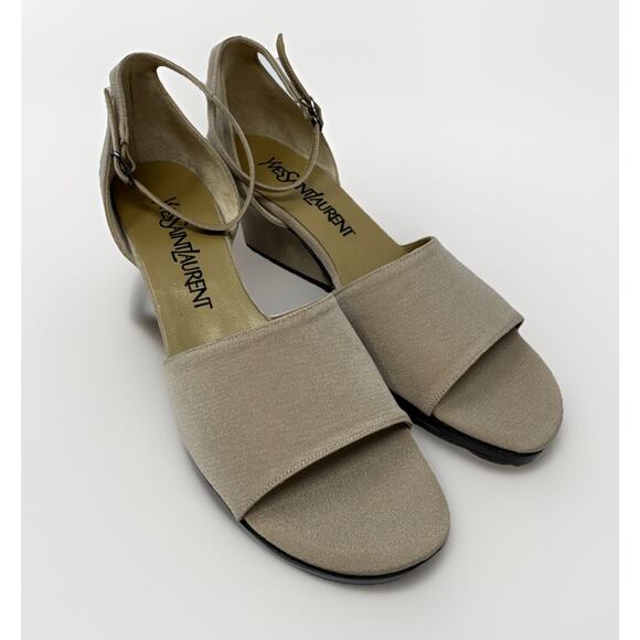 YVES SAINT LAURENT Vintage Champagne Chunky‎ Heel Shoes Ankle Strap YSL 6.5 90s - Picture 1 of 9